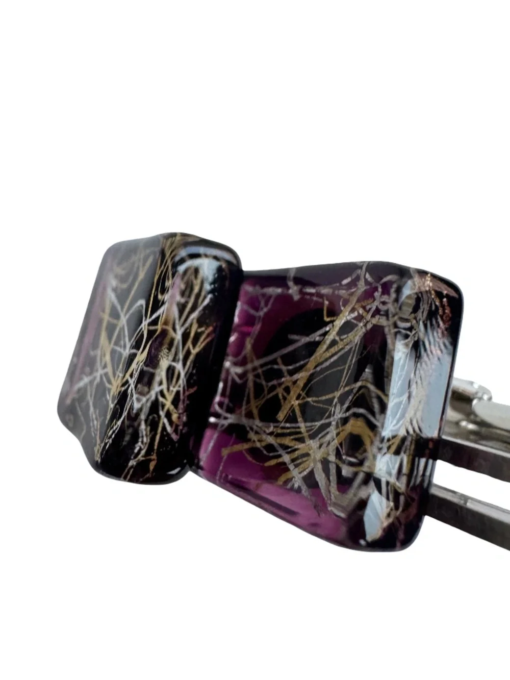 Vintage Purple Art Glass Cufflinks Gold Silver Foil Chunky Square Modernist Gift